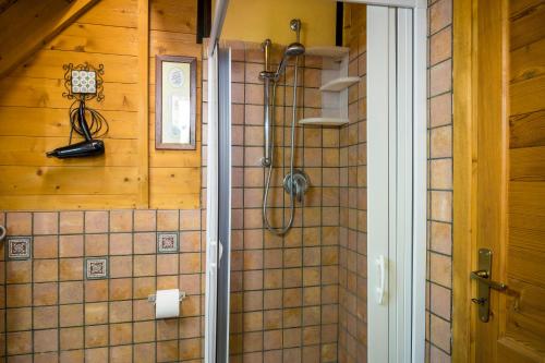 a shower in a bathroom with a tiled wall at Casetta Pizziddu in San Giovanni Gemini