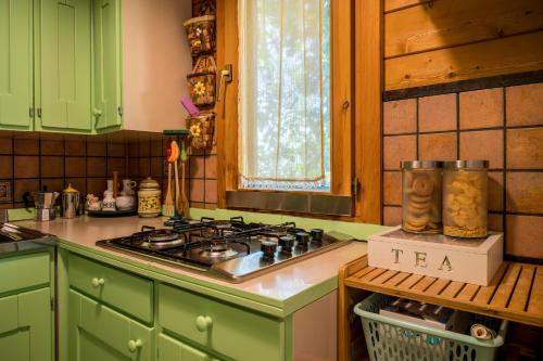 a kitchen with green cabinets and a stove top at Casetta Pizziddu in San Giovanni Gemini
