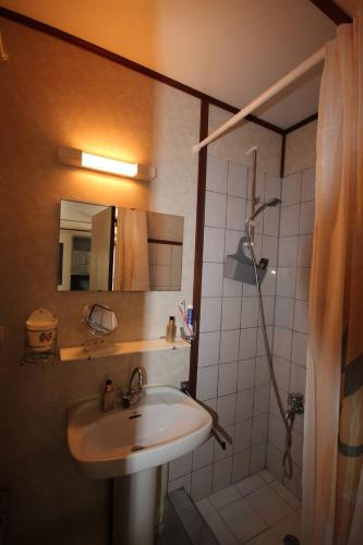 une salle de bain avec un lavabo et une douche avec un miroir dans l'établissement Belle villa de vacances, residence TAMARIS, wifi, 2 chambres climatisées, 4 à 6 couchages - PORTIRAGNES PLAGE LRTAMA45, à Portiragnes