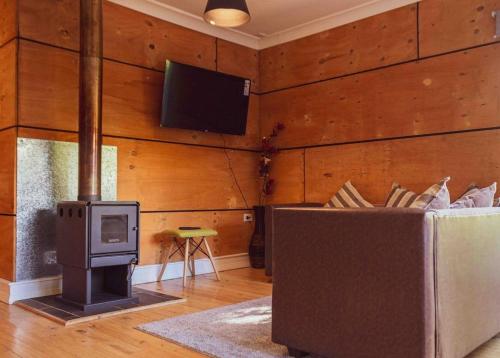 sala de estar con TV, sofá y fogones en Casa loft con opción de tina temperada, en Puerto Varas