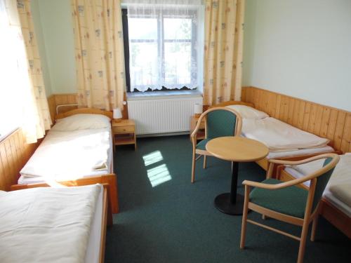 a room with two beds and a table and chairs at Penzion Velke Darko in Škrdlovice