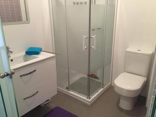 a bathroom with a glass shower and a toilet at Penthouse Oasis Beach La Zenia in Playas de Orihuela