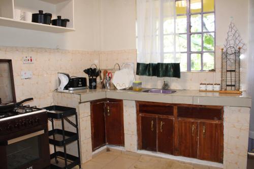 a kitchen with a counter and a sink and a window at Zeni apartment in Meru