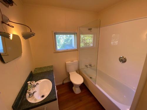 a bathroom with a sink and a toilet and a shower at By the Seashaw - Hosted by Lorna, Michael & Katja in Parapara 