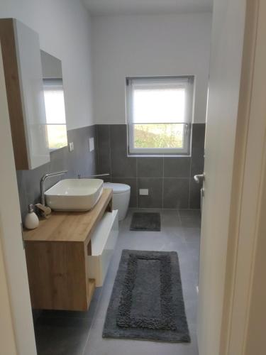 baño con lavabo y aseo y ventana en Casa dei Demi, en Pieve di Soligo