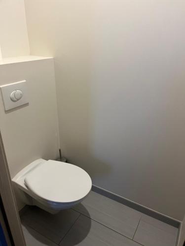 a bathroom with a white toilet in a room at Chambre chez l'habitant à 7kms du circuit des 24h in Laigné-en-Belin