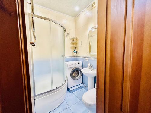 ein Badezimmer mit einem Waschbecken und einer Waschmaschine in der Unterkunft Kholodnaya gora in Kharkov