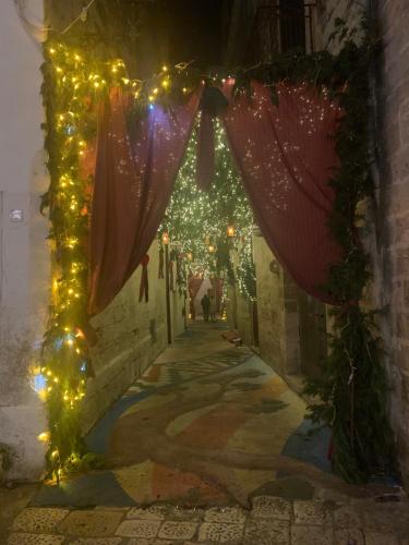 an alley with christmas lights and garland at My Family Home in Francavilla Fontana