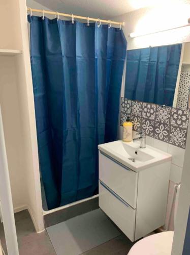 a bathroom with a blue shower curtain and a sink at Le Grand Studio in Castres