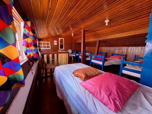 a dog sleeping on a bed in a room at La Musica Hostel OuroPreto in Ouro Preto