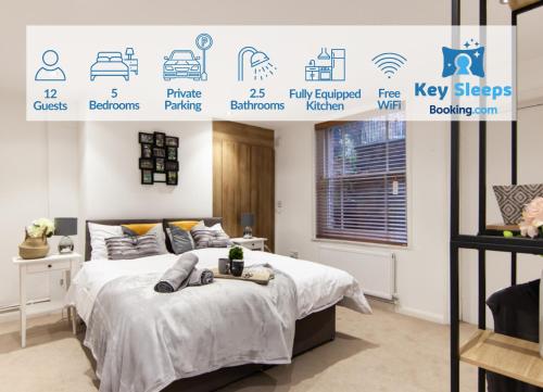a bedroom with a bed and a poster of the different rooms at Large House - Contractors & Families & Private Parking in Northampton