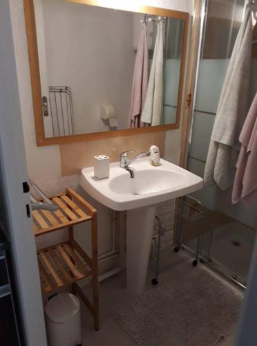 une salle de bain avec un lavabo et un miroir dans l'établissement La Cabane de Dadou Lacanau, à Lacanau