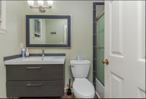 a bathroom with a toilet and a sink and a mirror at Family launchpad in Asheville