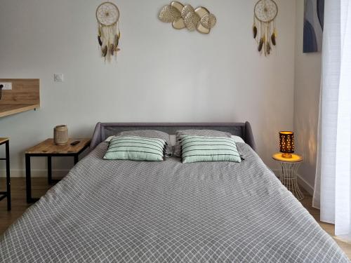 een bed in een slaapkamer met 2 kussens erop bij Studio Terrasse wifi parking à 50m du Tram B in Pessac