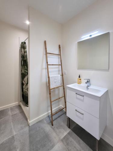 La salle de bains est pourvue d'un lavabo blanc et d'une échelle. dans l'établissement Studio Terrasse wifi parking à 50m du Tram B, à Pessac