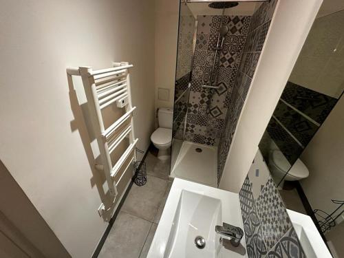 een badkamer met een douche, een toilet en een wastafel bij Le Songe bleu - centre ville - netflix in Niort