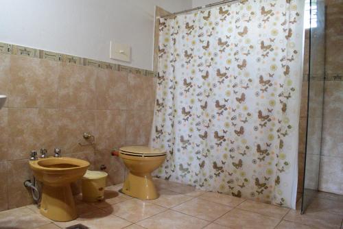 Cavalango的住宿－Casa en Cabalango，一间带卫生间和淋浴帘的浴室