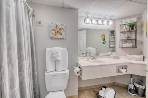 a bathroom with a toilet and a sink and a mirror at 2501 S Ocean Blvd, 1017 - Ocean View Sleeps 6 in Myrtle Beach