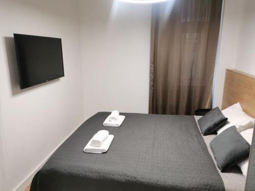 um quarto com uma cama e uma televisão na parede em BG Exclusive Apartment em Belgrado