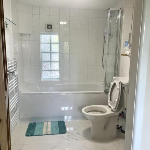 a bathroom with a tub and a toilet and a shower at Country Cottage with Hot-Tub and Cosy Log Burner in Tregarth