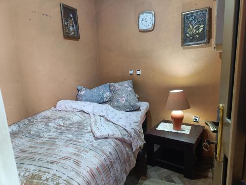 um quarto com uma cama e uma mesa com um candeeiro em Birhan Guest House em Addis Ababa