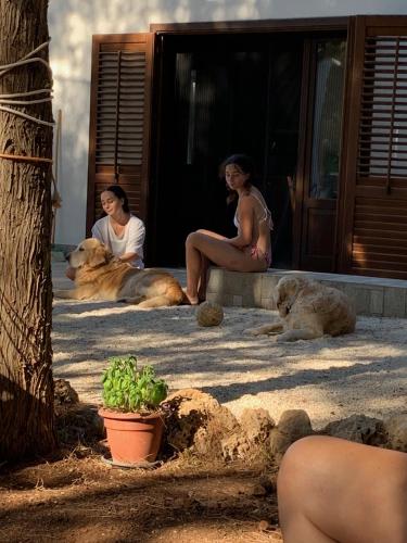 two women and two dogs sitting outside a house at L'oasi Una Pineta Sul Mare in Custonaci