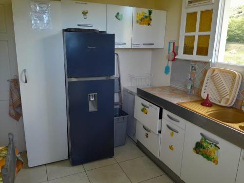 una cucina con frigorifero blu e lavandino di Les Dalhias a Les Anses-d'Arlets