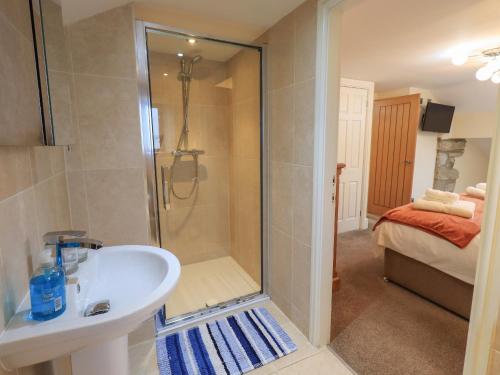 a bathroom with a shower and a sink and a toilet at Orcaber Farm Barn in Austwick