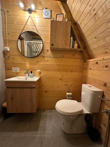 a wooden bathroom with a toilet and a sink at Owl House Jelovica in Berane