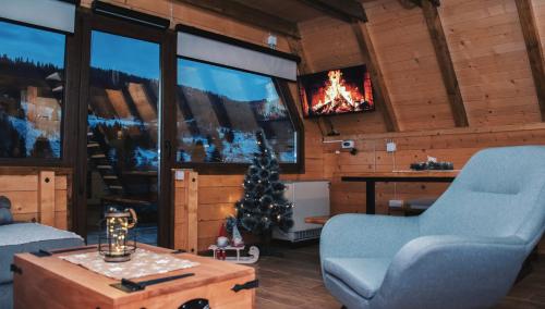a living room with a christmas tree and a tv at Owl House Jelovica in Berane