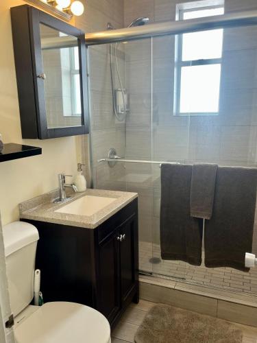 a bathroom with a shower and a sink and a toilet at Ocean Dream in Miami Beach