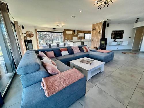 un salon avec un canapé bleu et une table dans l'établissement Maison moderne au calme avec billard, jacuzzi, bain à remous, piscine, Babyfoot, à Labastide-du-Temple