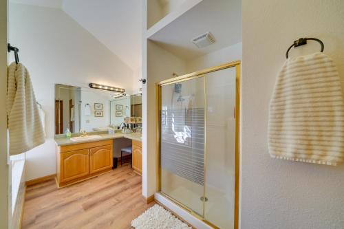 a bathroom with a shower and a sink at Quiet Bandera Country Home with Medina River Access! in Bandera