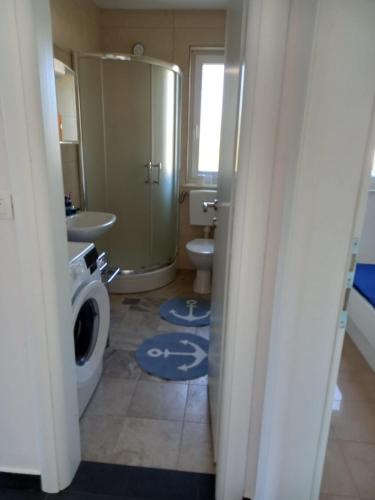 a bathroom with a toilet and a sink and a washing machine at Appartment IVA Kampor in Kampor