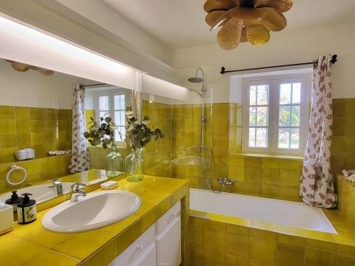 La salle de bains est pourvue d'un lavabo et d'une baignoire. dans l'établissement Maison Fruitier with pool at 15m from the Beach, à Sainte-Maxime