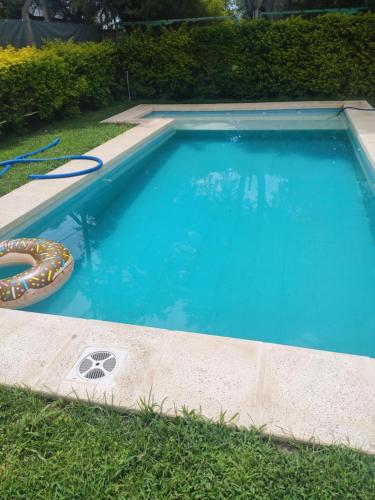 ein blauer Pool mit Schwimmer im Gras in der Unterkunft El descanso 