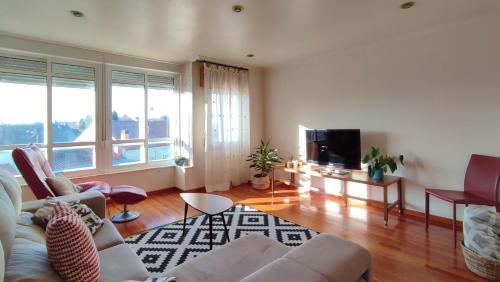 uma sala de estar com um sofá e uma televisão em Duplex acogedor CAMINO INGLÉS a 10 min de Santiago em Sigüeiro