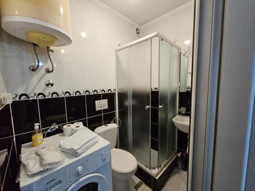 une salle de bain avec un lavabo, des toilettes et une douche dans l'établissement Apartman Šparović u blizini Porto Novog Kumbor, à Ðenovići