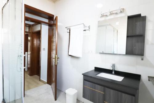 een badkamer met een wastafel en een spiegel bij The Rusororo Residence in Kigali