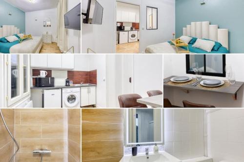 een collage van foto's van een keuken en een woonkamer bij Guest Loc - 10min Paris - Oasis de Paix - Netflix in Villejuif