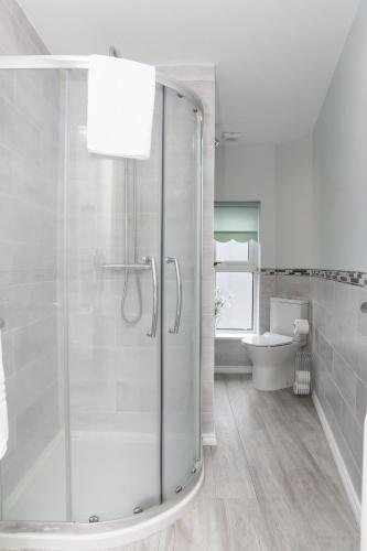 a bathroom with a glass shower and a toilet at Killala 1 bed cottage in Killala