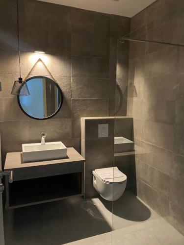 ein Badezimmer mit einem Waschbecken, einem WC und einem Spiegel in der Unterkunft 4TREES Airport Apartments in Velika Gorica