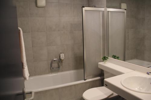 a bathroom with a shower and a toilet and a sink at LODGE - Elements Lodge in Grindelwald