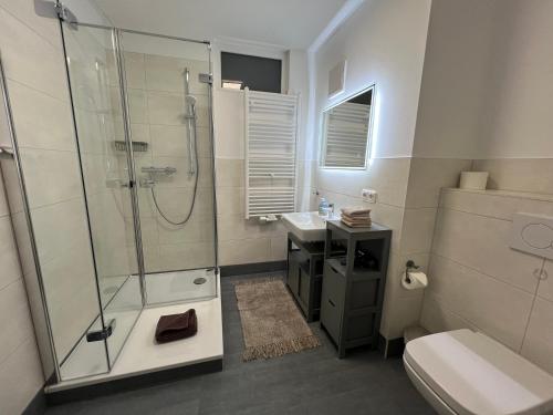 een badkamer met een douche, een toilet en een wastafel bij Ferienwohnung Bad Saarow, Seestr. 2 in Bad Saarow