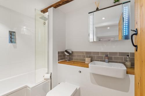 uma casa de banho com um lavatório, um WC e um espelho. em The Cwtch Apartment - Sea Views Walk to Beach em Penally