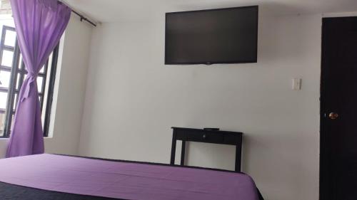 1 dormitorio con cama morada y TV de pantalla plana en Casa la camelia en Manizales