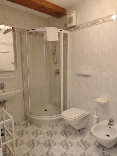 a bathroom with a shower and a toilet and a sink at 1Dest - City Center Charme in Riva del Garda