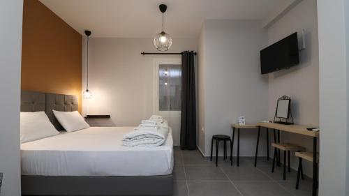 a hotel room with a bed and a desk and a television at LA CASA DE PROFESOR 5 in Kalabaka