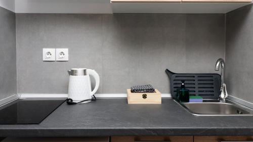 a kitchen counter with a coffee maker and a sink at LA CASA DE PROFESOR 5 in Kalabaka
