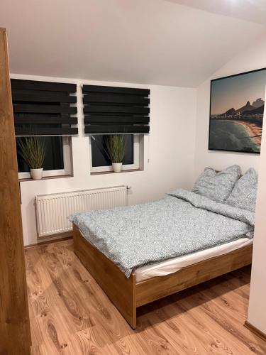 een slaapkamer met een bed en 2 ramen bij Apartment Södderich 2 in Waake